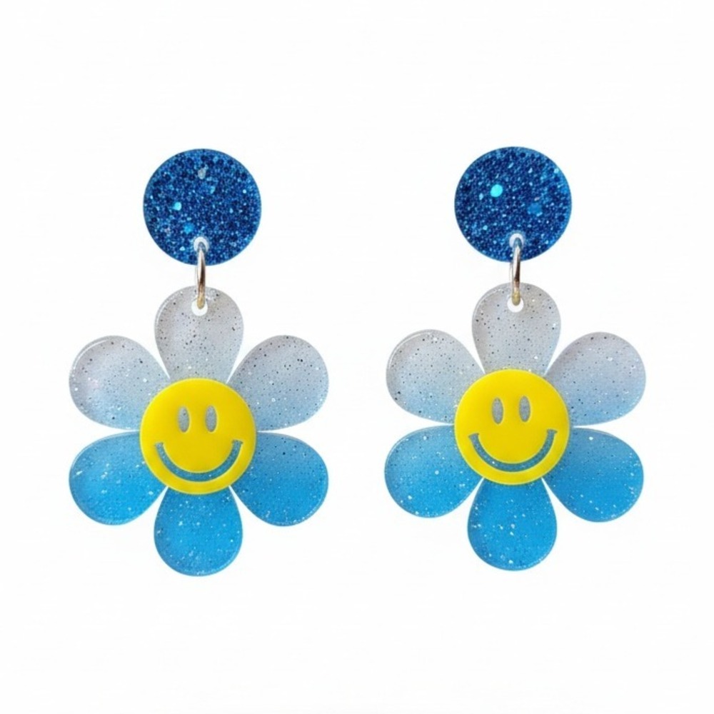 Smiley Face‎ Daisy Flower Dangle Earrings Blue Glitter Acrylic Fun Y2K Party